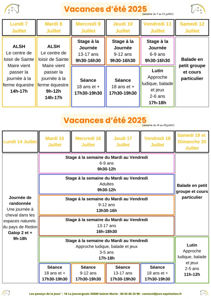 Programme des stages équestres, balades et animations pour enfants et adultes du 7 au 20 juillet 2025 – Les Poneys de la Jouv' à Sainte Marie