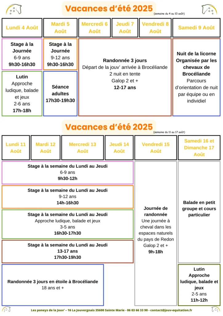 Programme des stages, randonnées, bivouac et animations équestres du 4 au 17 Août 2025 – Les Poneys de la Jouv'