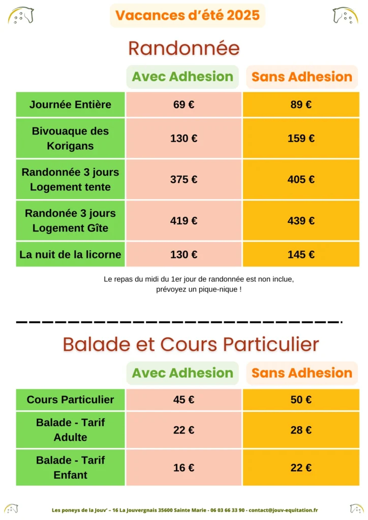 Tarifs Randonnée, Balade et Cours Particulier - Tout âge
