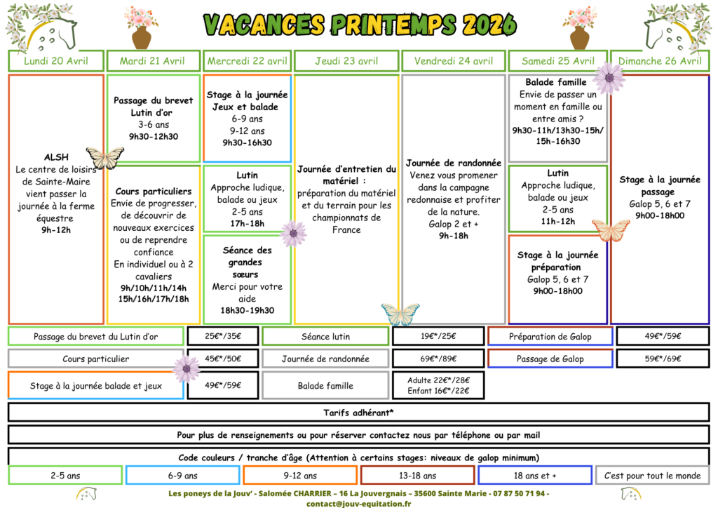 Programme des vacances de printemps 2026 les poneys de la jouv'